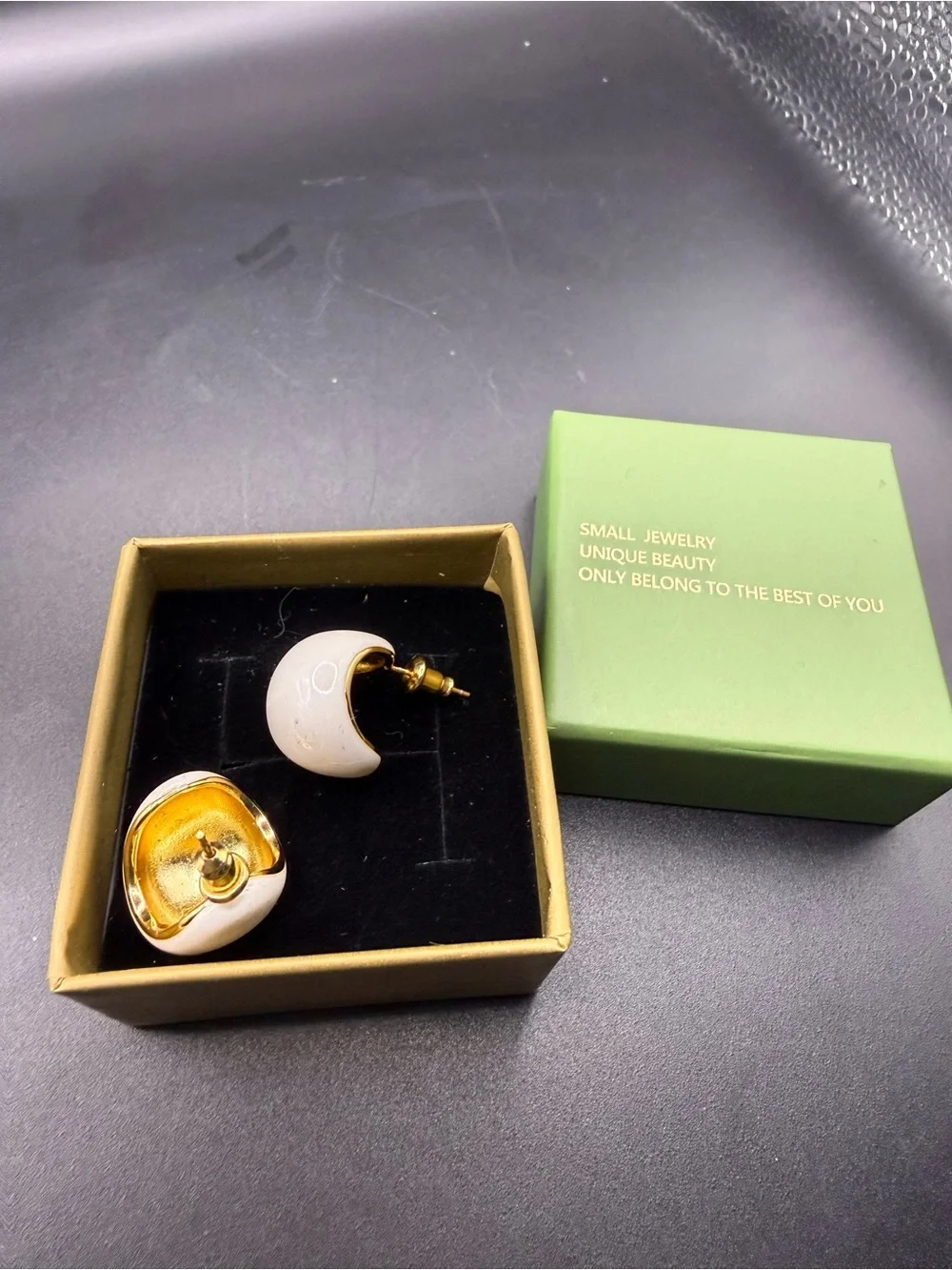 White and Gold Crescent Stud Earrings — Elegant Women’s Jewelry